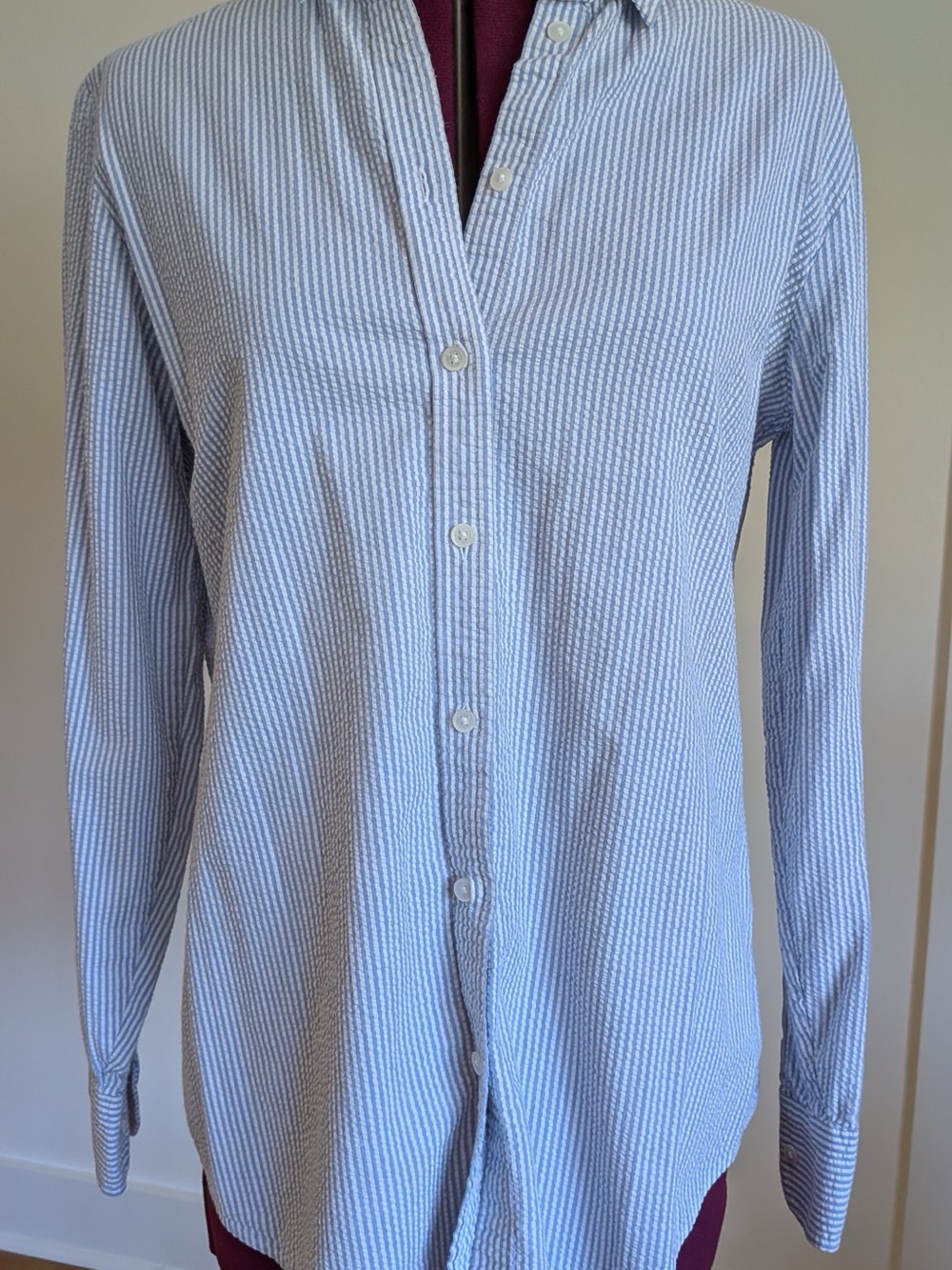 Women’s Seersucker Light Blue Striped Button-Up Shirt